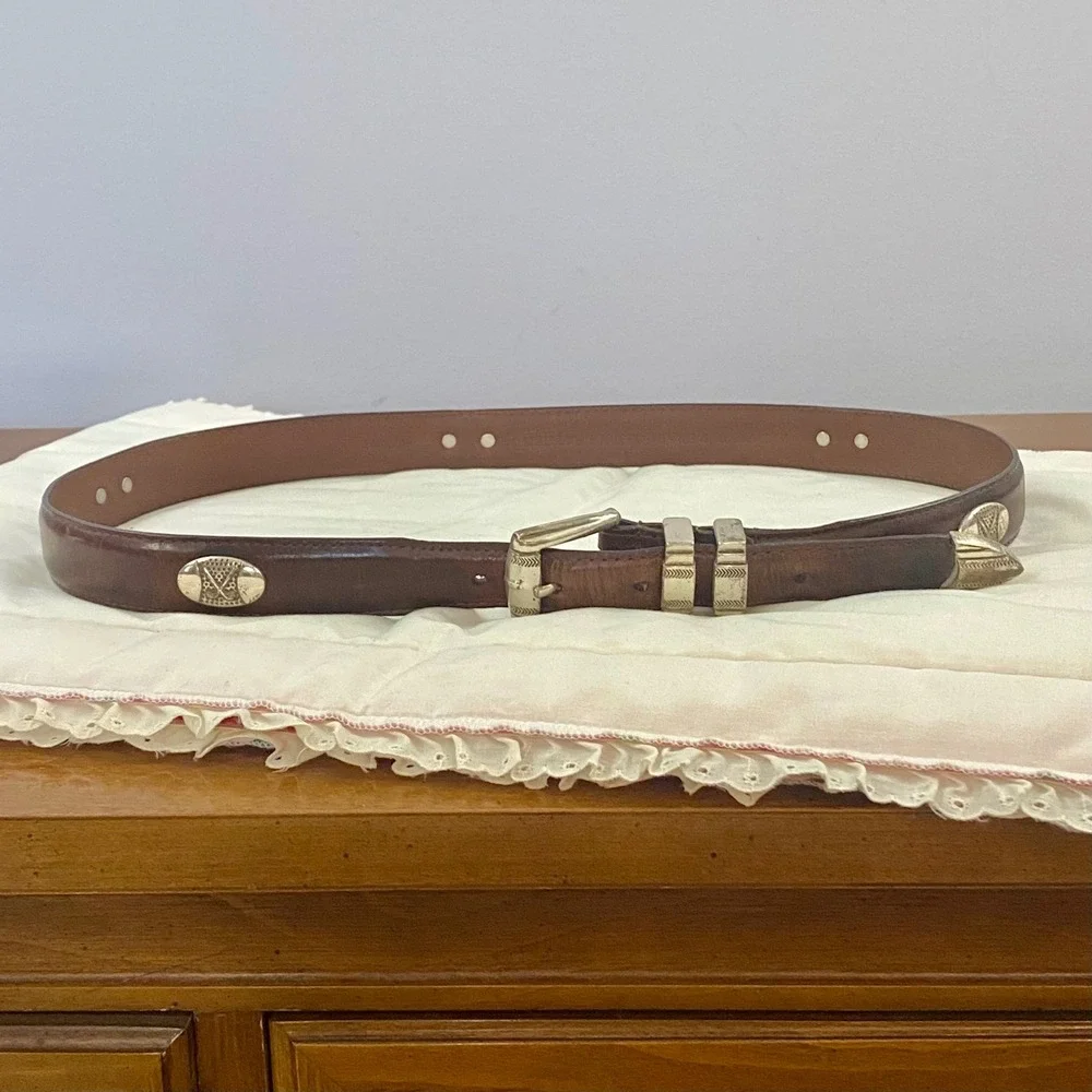 AML 3000 VTG Brown Top Grain Oil Tan Leather Golf Belt Silver Tone Concho Sz 36